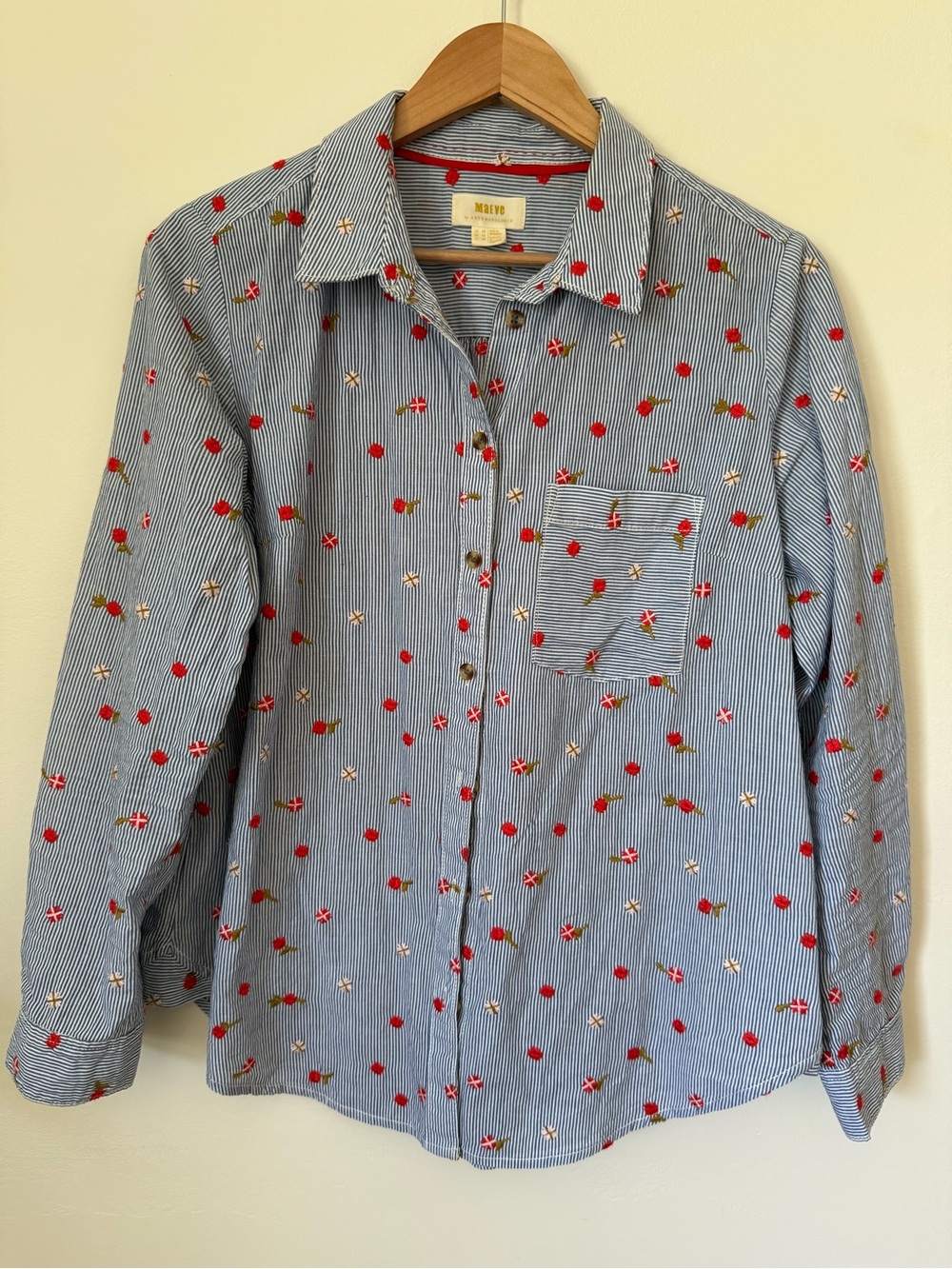 Blue Striped Embroidered Floral Button-Up Shirt